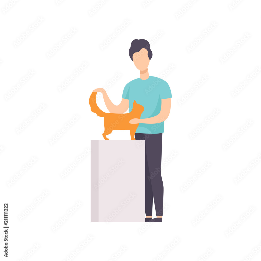 Owner presenting his red cat to jury at cat breeds show vector Illustration on a white background