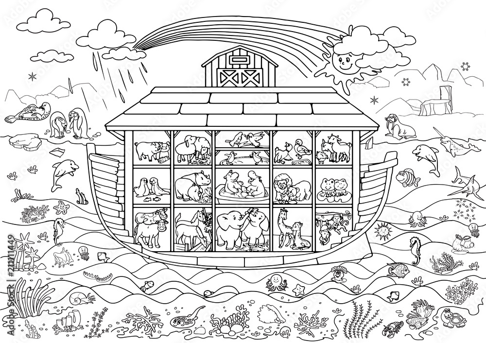 Ark of Noah with animals. Coloring the poster. Stock Illustration