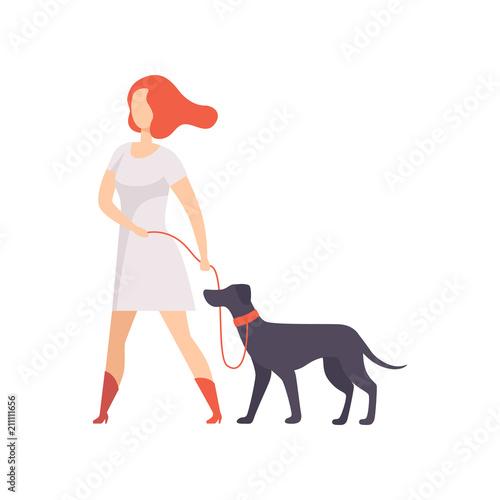 Young woman keeping her purebred dog on the leash at show exhibition vector Illustration on a white background