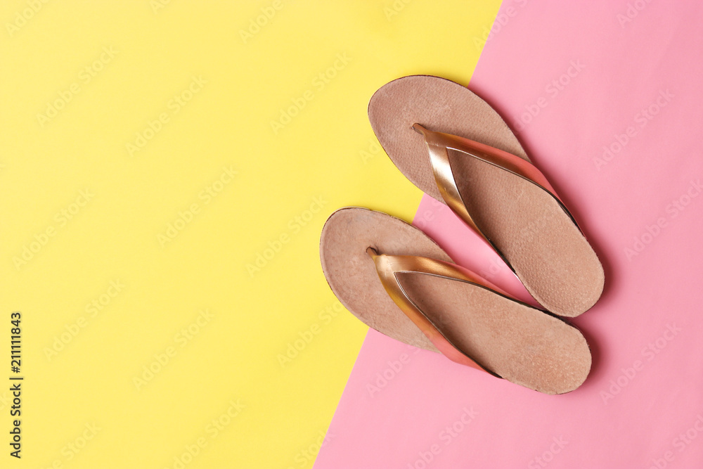 female slippers on a colored background top view. minimalism, women's shoes. female slippers on a colored background top view. minimalism, women's shoes.