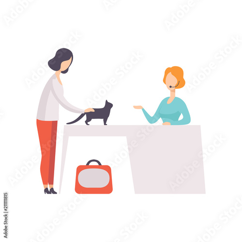 Young woman presenting her black cat to jury at cat breeds show vector Illustration on a white background