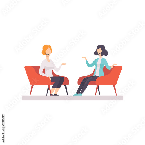 Two women talking in a TV studio, television interview, talk show vector Illustration isolated