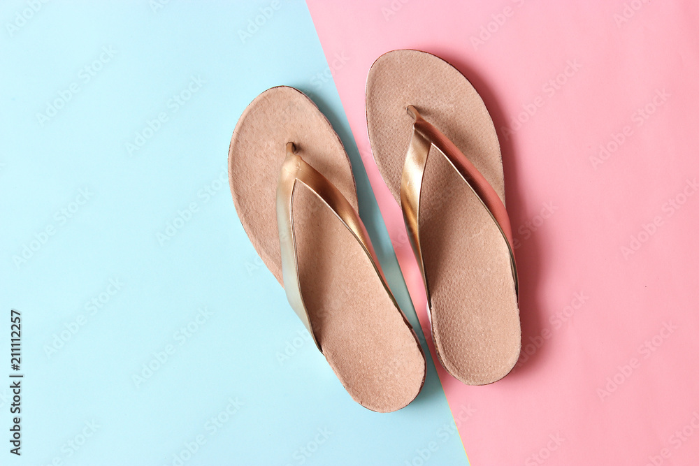 female slippers on a colored background top view. minimalism, women's shoes. female slippers on a colored background top view. minimalism, women's shoes.