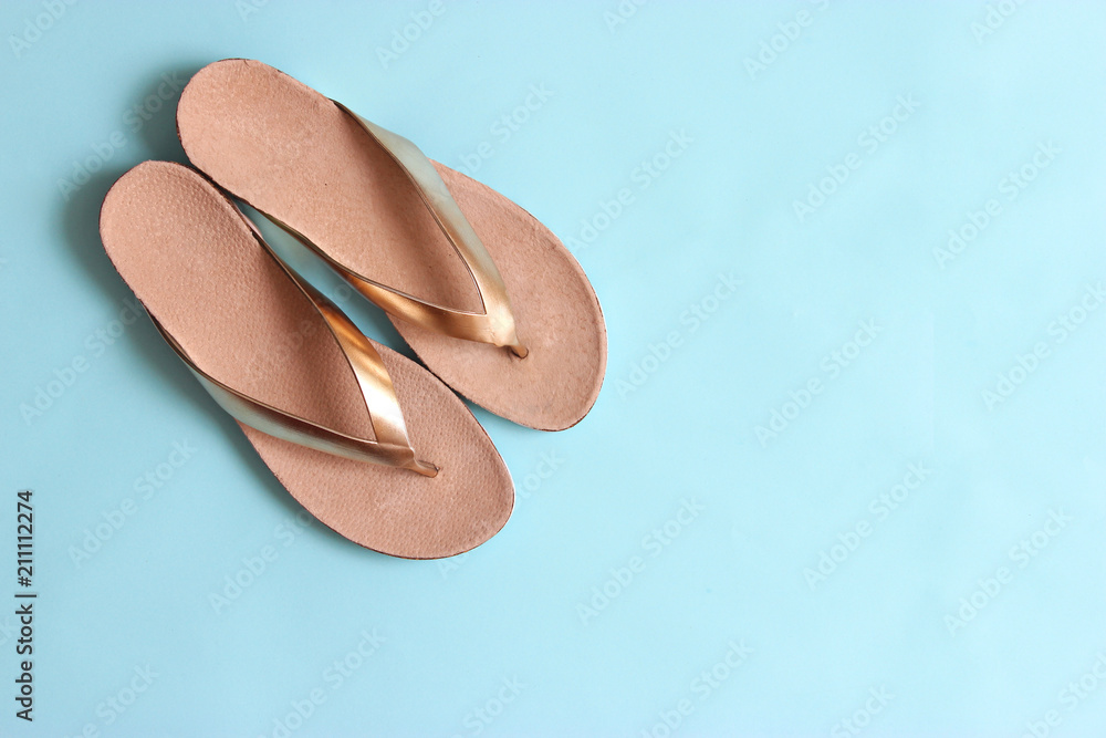 female slippers on a colored background top view. minimalism, women's shoes. female slippers on a colored background top view. minimalism, women's shoes.
