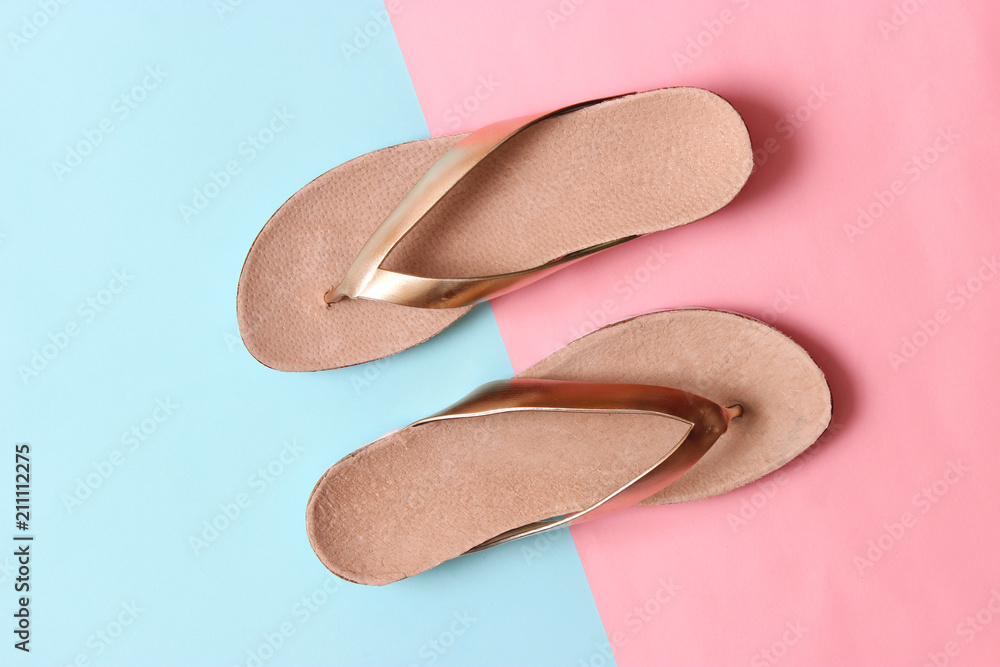 female slippers on a colored background top view. minimalism, women's shoes. female slippers on a colored background top view. minimalism, women's shoes.
