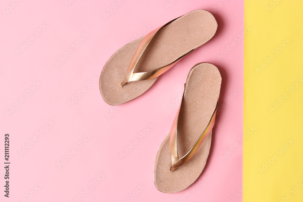 female slippers on a colored background top view. minimalism, women's shoes. female slippers on a colored background top view. minimalism, women's shoes.