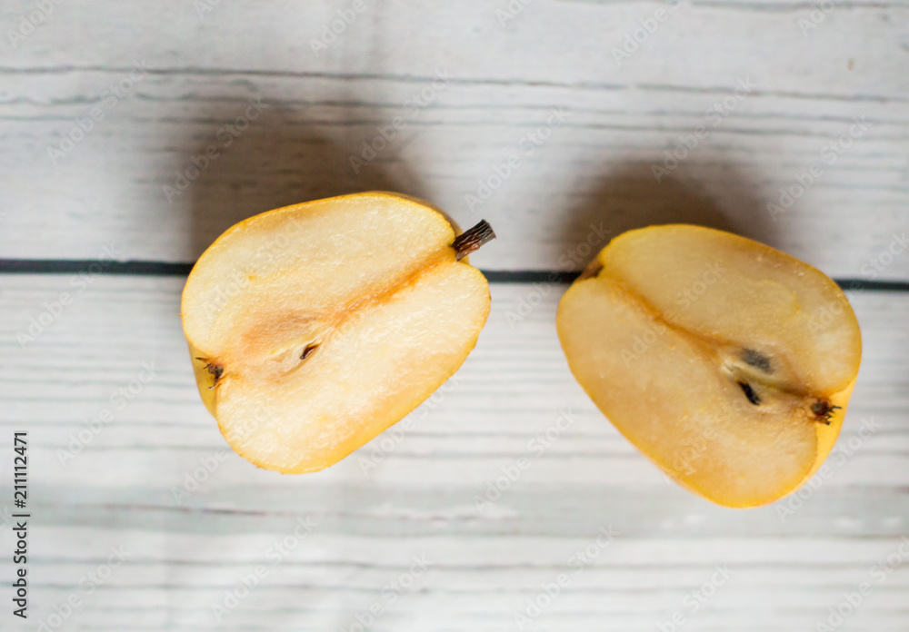 Fruit background. Fresh organic pears on old wood. Pear autumn harvest