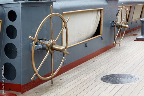 Bronze steering wheels  for launching a rescue boat.