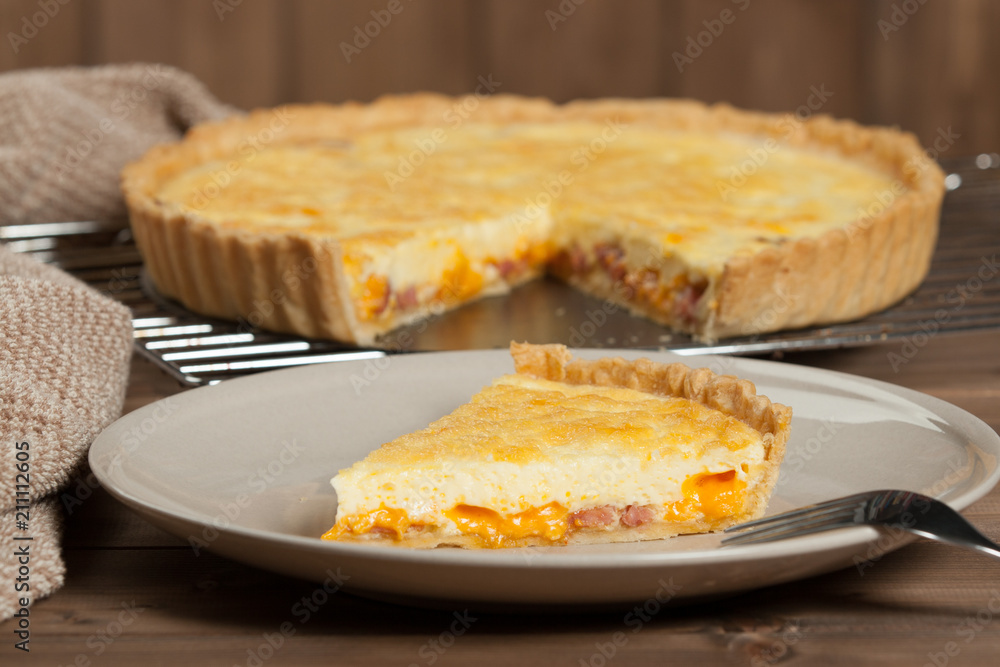 Homebaked Quiche Lorraine With Red Leicester Cheese. Traditional British Food.