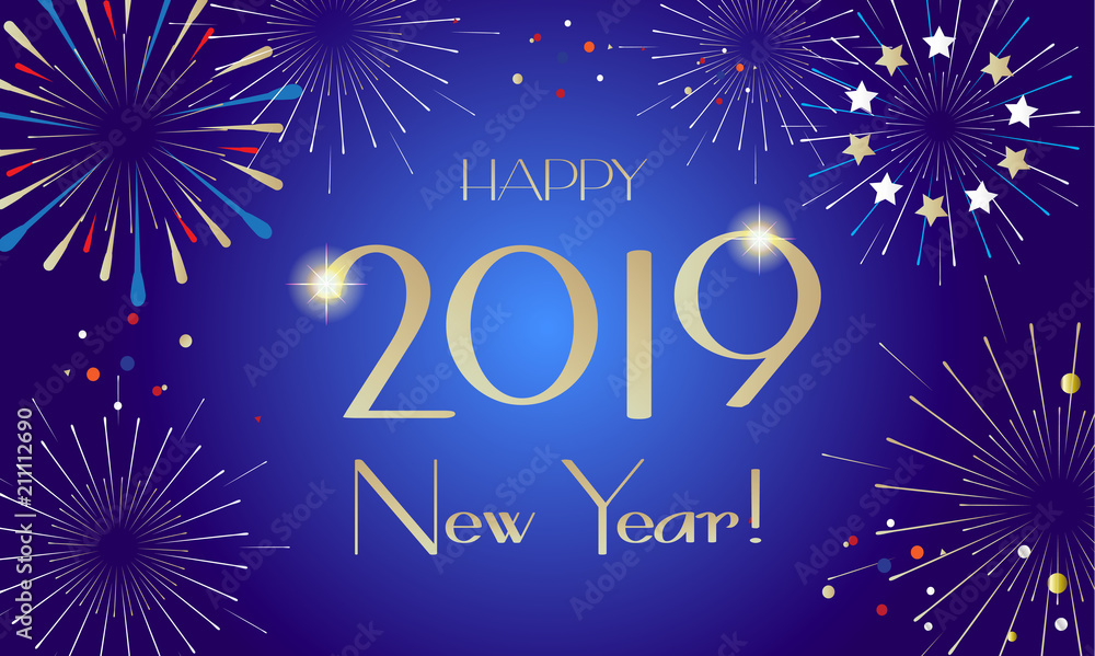 2019 fireworks festival, happy new year decoration, gold glitter starburst, night party, international world event winner invitation, trendy vector template