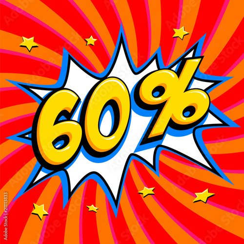 60% off. Sixty percent 60% off sale on red twisted background. Comics pop-art style bang shape. Seasonal sale banner. falling prices discounts.