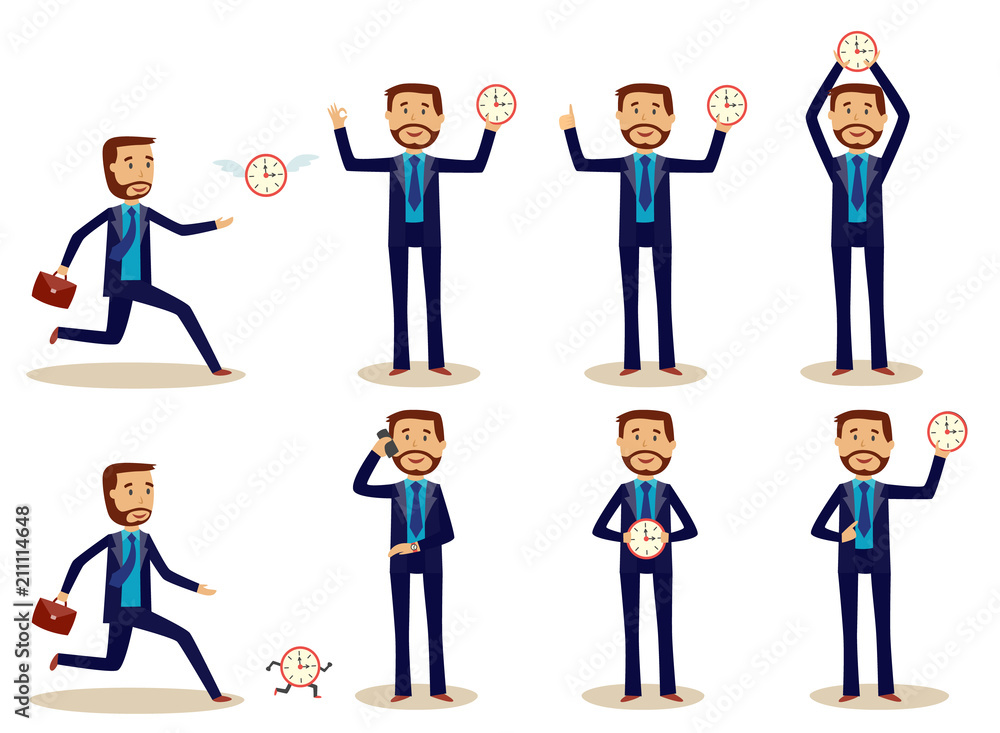 Businessman with time set - adult office worker in suit holding and trying to catch wall clock isolated on white background. Flat cartoon vector illustration of deadline and time management concept. Businessman with time set - adult office worker in suit holding and trying to catch wall clock isolated on white background. Flat cartoon vector illustration of deadline and time management concept.