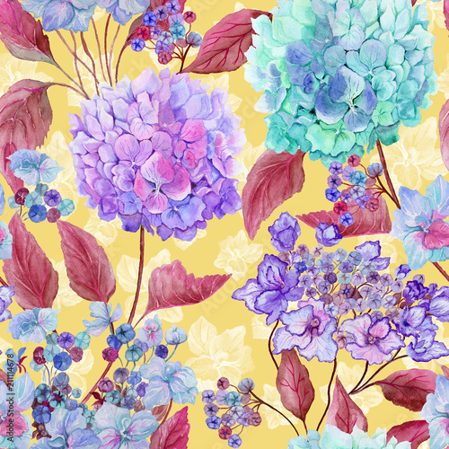 Beautiful hydrangea flowers with leaves against yellow background. Seamless f...