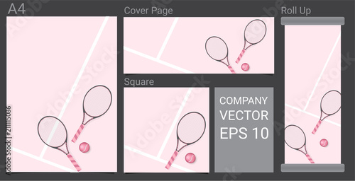 Mock up Promotion Sale Pastel Pink Tennis Racket and Tennis Ball Banner Background Illustration