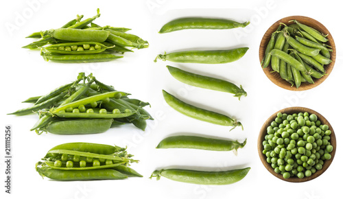 Set of green peas. Green peas isolated on a white background. Vegetables with copy space for text. Fresh green peas on a white background. Studio photo.