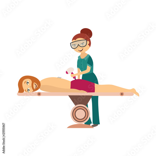 Hair removal procedure in cosmetological clinic or salon - cosmetologist does laser or ipl epilation procedure on back of young man isolated on white background. Flat cartoon vector illustration.