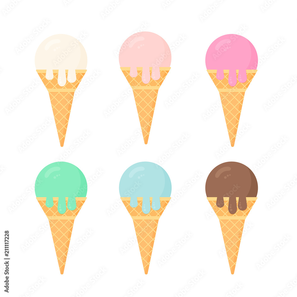 Set of colorful ice creams in waffle cones. Six different flavors. Summer desserts vector illustration. Delicious sweets for kids. Set of colorful ice creams in waffle cones. Six different flavors. Summer desserts vector illustration. Delicious sweets for kids.