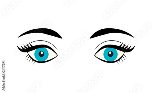 Beautiful blue female eye with eyelashes and eyebrows isolated on white background. Flat style logo. Cartoon eyes icon. Vector illustration for beauty salons, cosmetic shops, makeup artists.