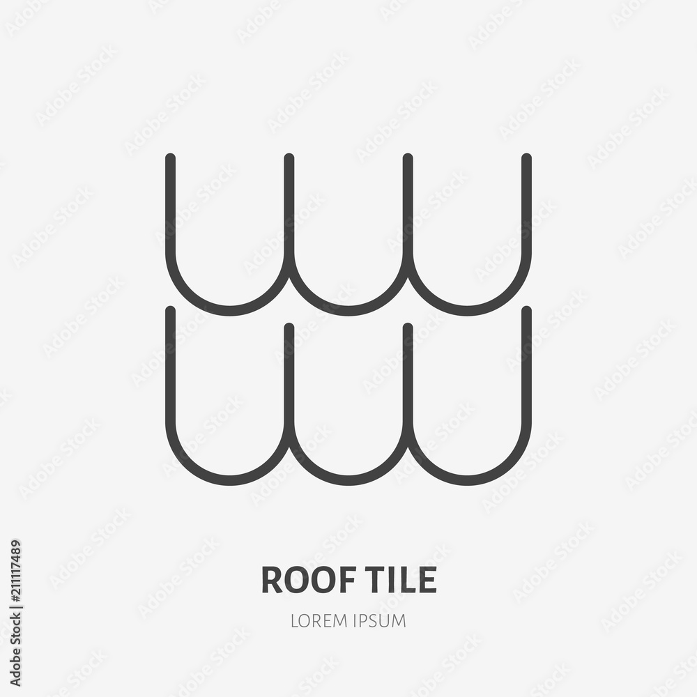 Roofing flat line icon. Illustration of composite tile roof material. House construction sign. Thin linear logo for home repair services. Roofing flat line icon. Illustration of composite tile roof material. House construction sign. Thin linear logo for home repair services.