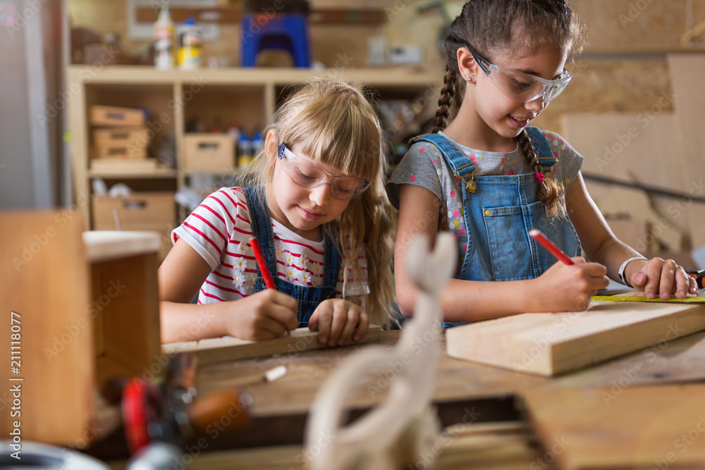 Two young girls doing woodwork in a workshop
Two young girls doing woodwork in a workshop