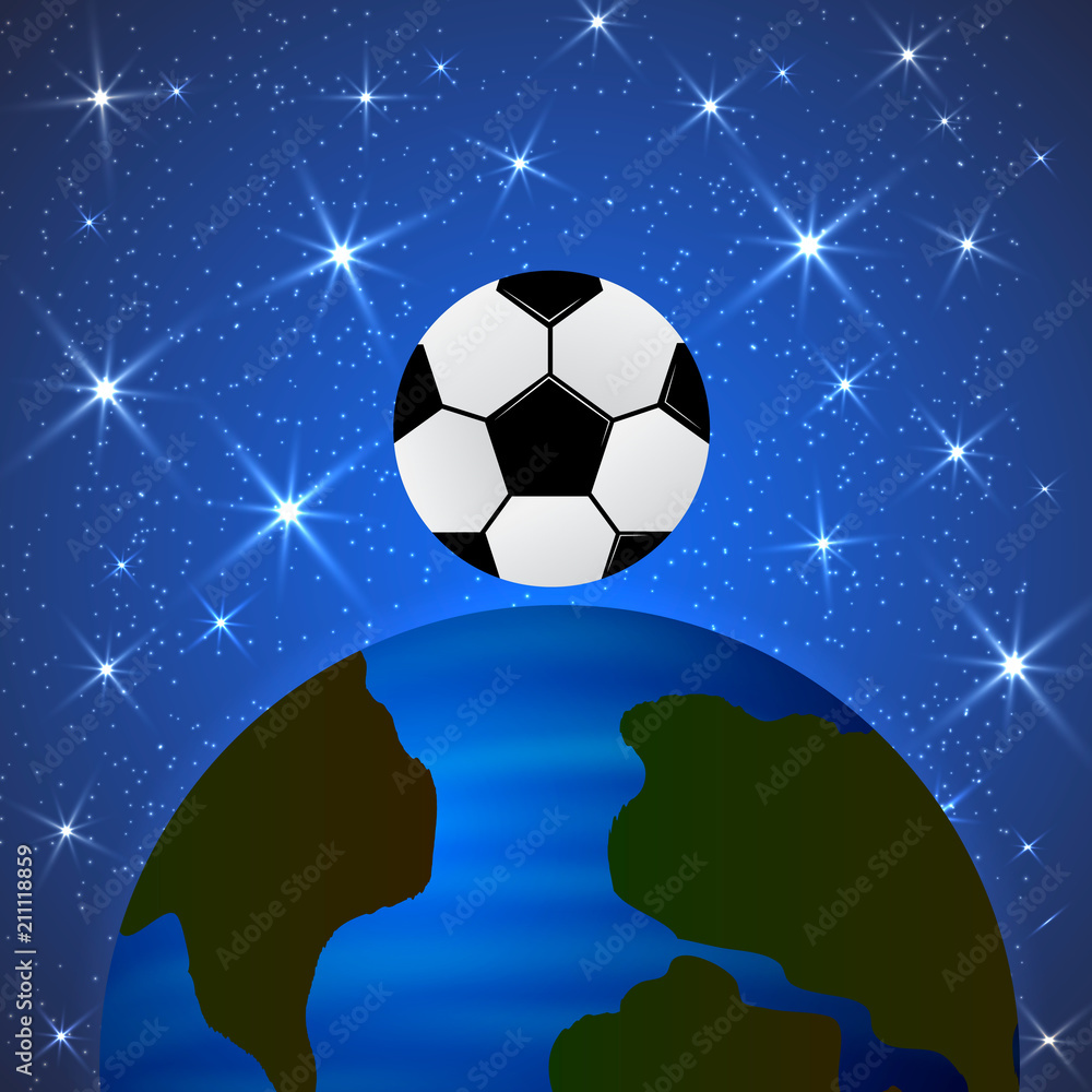 Planet Earth and a soccer ball in space. The concept of the World Cup. Football competitions vector illustration. The universe of sport.