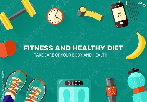 Sports and healthy lifestyle banner with top view of various sport equipment, gadgets for sportsperson and diet food for training and doing workout. Isolated flat vector illustration.