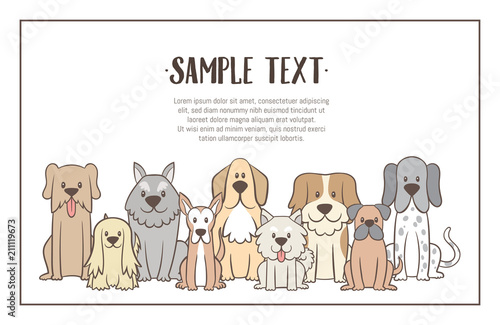 Herd of dogs with sample text. Hand drawn illustration background. Sat dogs in front view position. Vector illustration.