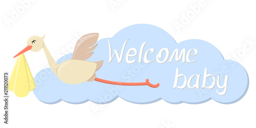 Congratulations card with stork carrying baby. Flat style vector illustration