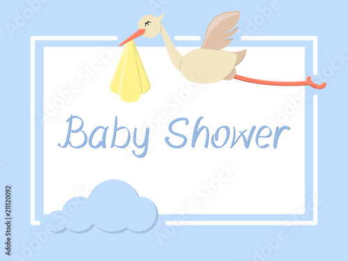 Baby shower card with stork carrying baby. Flat style vector illustration. There is place for your text