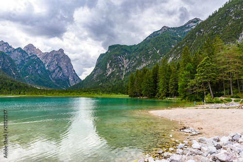 Lake Dobbiaco  Toblacher See  Lago di Dobbiaco  in Dolomite Alps  South Tirol  Italy - Travel destination in Europe