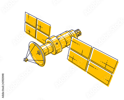 Artificial orbital satellite floating in weightlessness in open space, spacecraft space station, science and communication technology. Thin line 3d vector illustration isolated on white background.