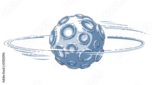 Small cartoon vector fantastic planet with craters from asteroid and meteorite rains fall. Thin line 3d vector illustration isolated on white background.