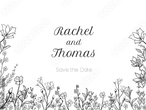 Set of wedding party invitation and Save The Date card templates with Lily of the valley flowers hand drawn with black contour lines on white background. Beautiful floral vector illustration.