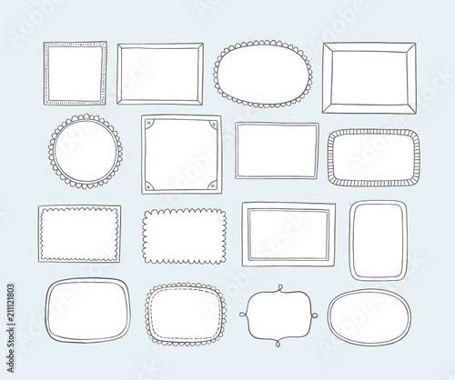 Set of hand drawn frames and labels. Doodle vector design elements. Cartoon style.