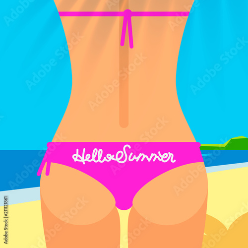 Close up of sexy female ass in pink bikini, Hello Summer poster, vector illustration.
