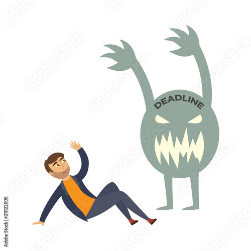 Exhausted businessman with afraid exhausted emotion lying at ground protecting from deadline monster by his hand. Overwork, stress and time management concept. Vector flat illustration