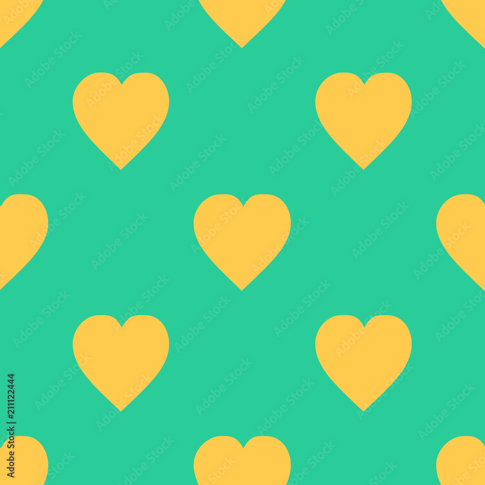 Seamless pattern with yellow hearts on green background. Traditional tile design. Vector illustration