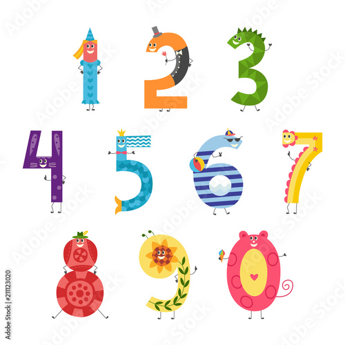 Cute cartoon number set for teaching children or birthday invitation - funny characters isolated on white background. Collection of comic mathematics elements, vector illustration. photo