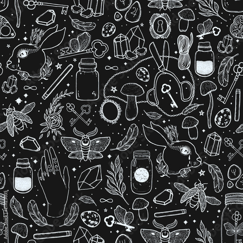 Sketch vector graphic seamless pattern illustration with mystic and occult hand drawn symbols. Magic and esoteric concept. Vintage element freemasonry