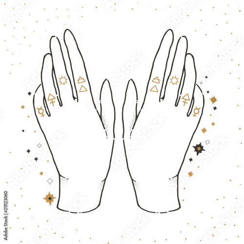 Sketch graphic illustration with mystic and occult hand drawn symbols.Fortunate hands.Vector illustration. Astrological and esoteric concept.Freemasonry and secret societies emblems.