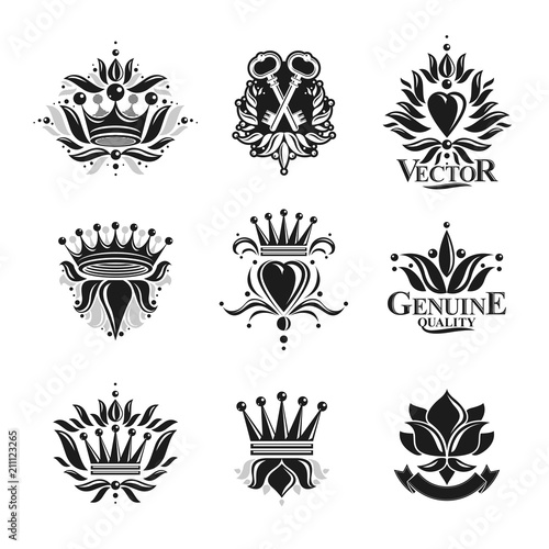 Royal symbols, Flowers, floral and crowns, emblems set. Heraldic vector design elements collection. Retro style label, heraldry logo.