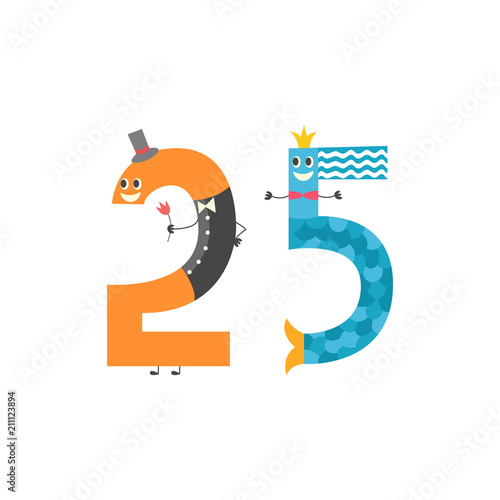 Number twenty five cute cartoon character isolated on white background. Vector illustration of arithmetic element for teaching children or birthday invitation, adorable number 25.