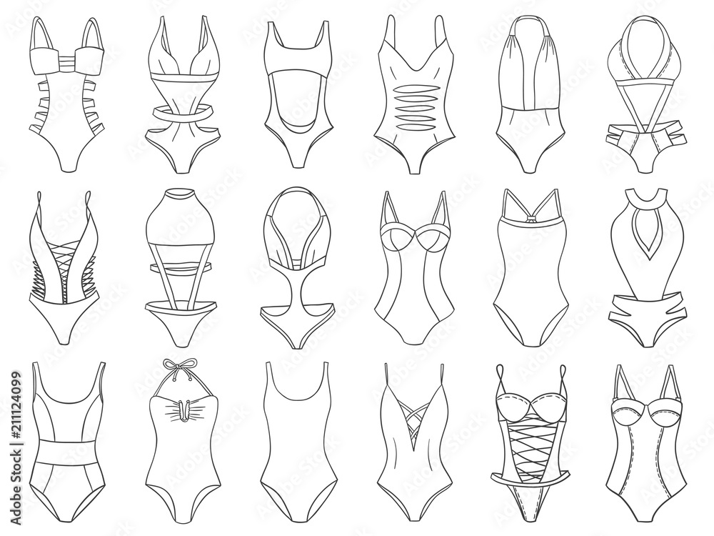 Doodle bikini. Swimming suits set. Women cloth. Sketches collection