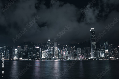 Buildings in Victoria harbor Hong Kong city at night
