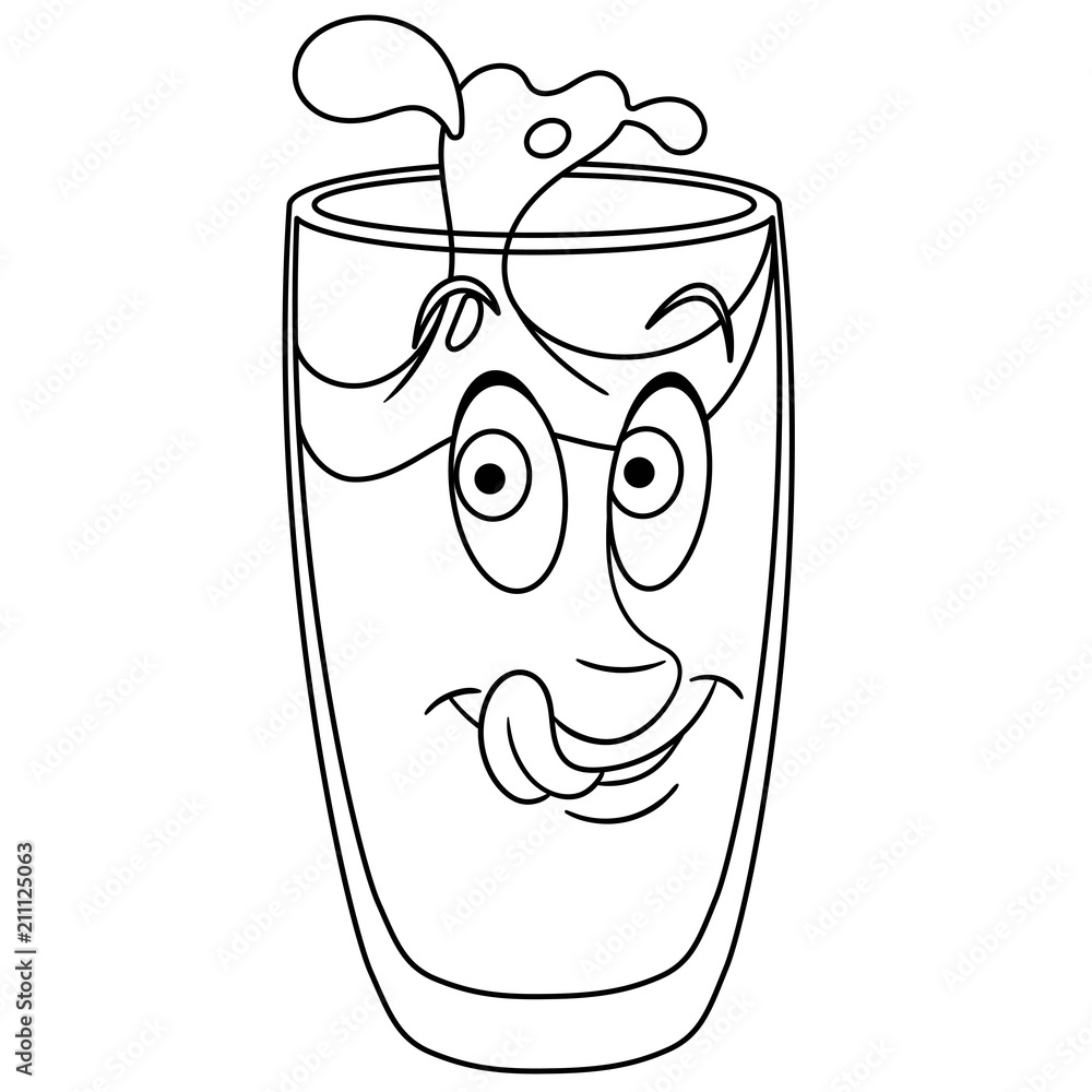 Coloring page. Coloring book. Water glass drink. Happy Food concept. Cartoon  design for t-shirt print, icon, logo, label, patch, sticker. Stock Vector |  Adobe Stock