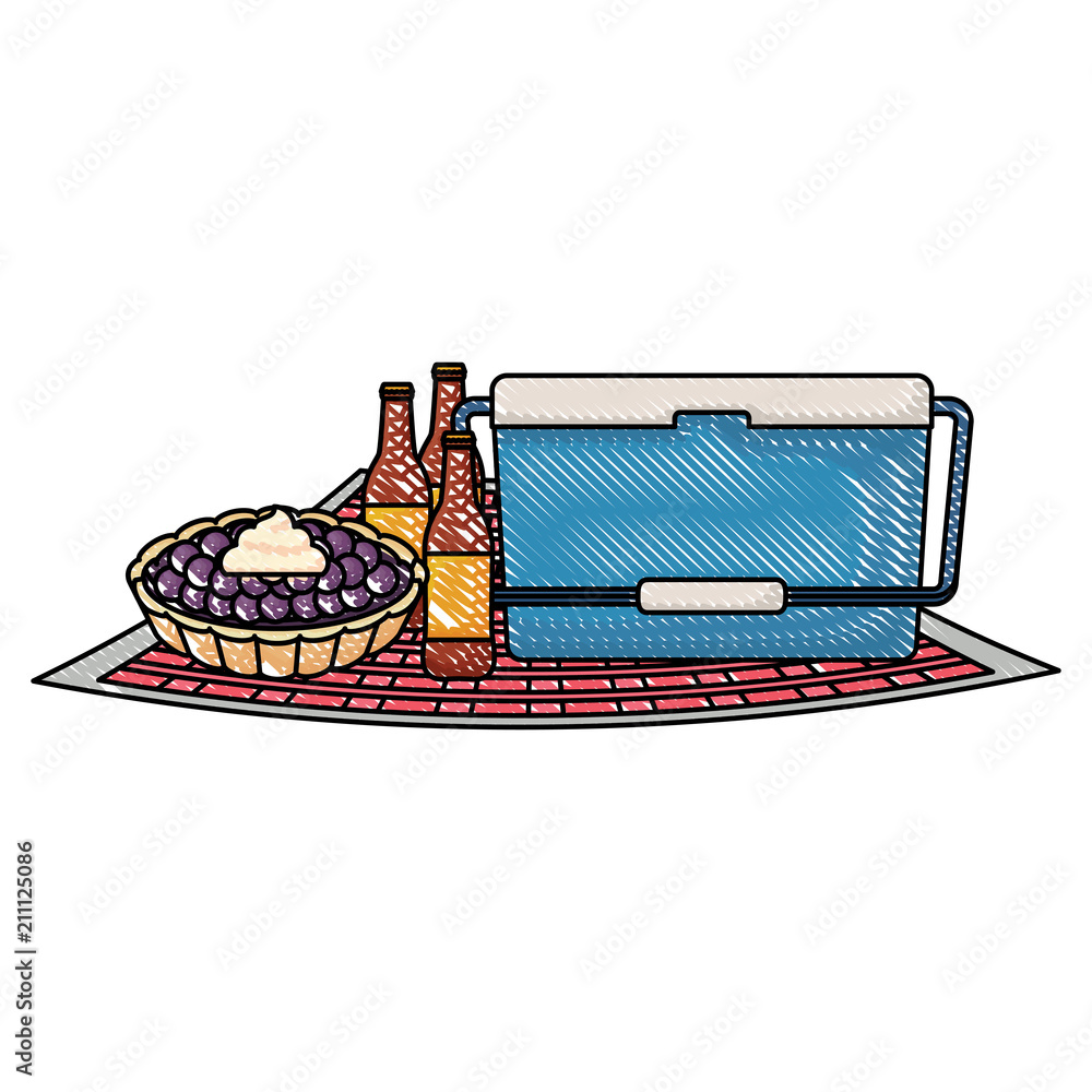 picnic food design with food cooler with beer bottles and sweet pie over white background, vector illustration picnic food design with food cooler with beer bottles and sweet pie over white background, vector illustration