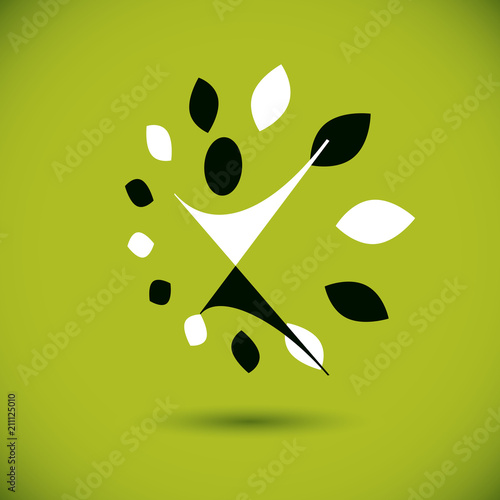 Vector illustration of excited abstract person with raised hands up. Go green idea creative logo. Healthy lifestyle metaphor. Vegetarian theme icon.