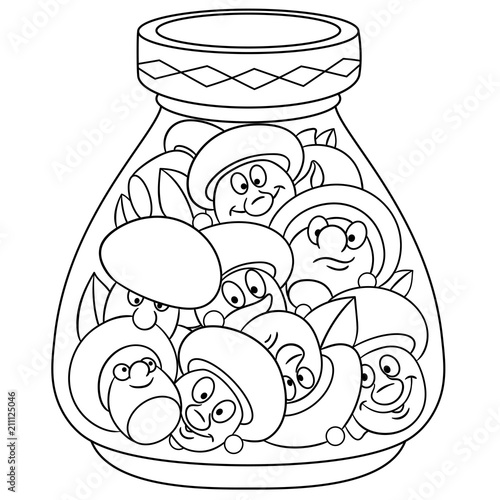 Coloring page. Coloring book. Pickles jar. Pickled champignon mushrooms. Happy Food concept. Cartoon design for t-shirt print, icon, logo, label, patch, sticker.