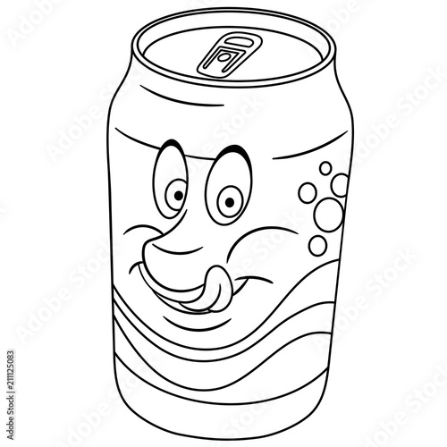 Coloring page. Coloring book. Soda can drink. Happy Food concept. Cartoon design for t-shirt print, icon, logo, label, patch, sticker.