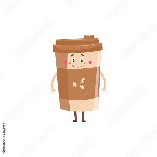 Paper cup of coffee cartoon character standing and smiling isolated on white background. Cute takeaway carton container of hot caffeine drink with funny face vector illustration.